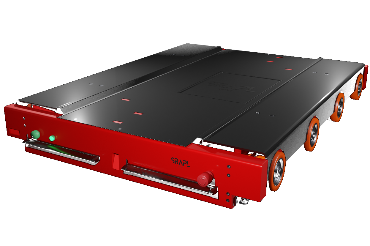 GARUDA semi-automatic pallet shuttle — red and black chassis with orange polyurethane drive wheels, shown in three-quarter view